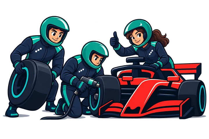 Three Connected Colleagues in teal helmets work together on the red car