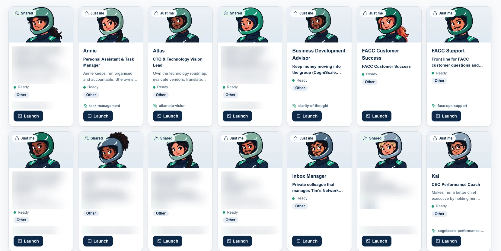 The Connected Colleagues page in the Control Centre, showing a grid of colleague cards with their characters, roles and Launch buttons, with client names blurred