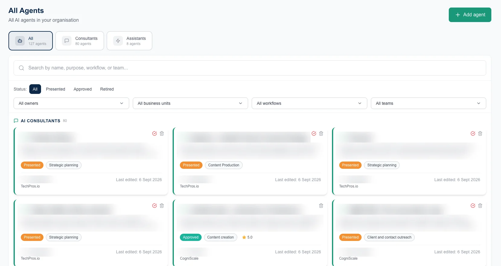 The agents registry in the Control Centre, showing search, status and owner filters and cards for registered agents, with names blurred